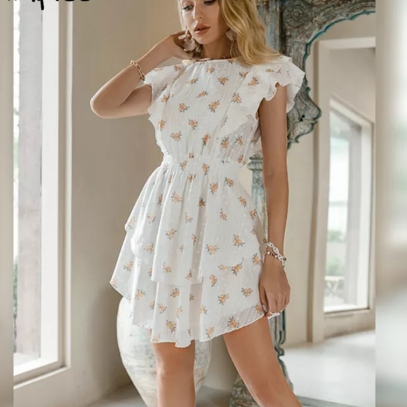 White Eyelet Embroidered Floral Flutter Sleeve Tiered Skirt Cotton Dress - Picture 16 of 16